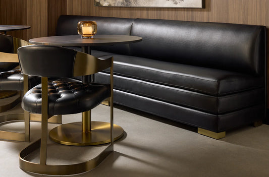 The COM Program offers a flexible solution for commercial projects, allowing clients to apply their choice of materials to a selection of SUNPAN's trusted, contract-viable frames. (Featured: Radcliffe Banquette, Massie Bar Table and Beaumont Dining Armcha