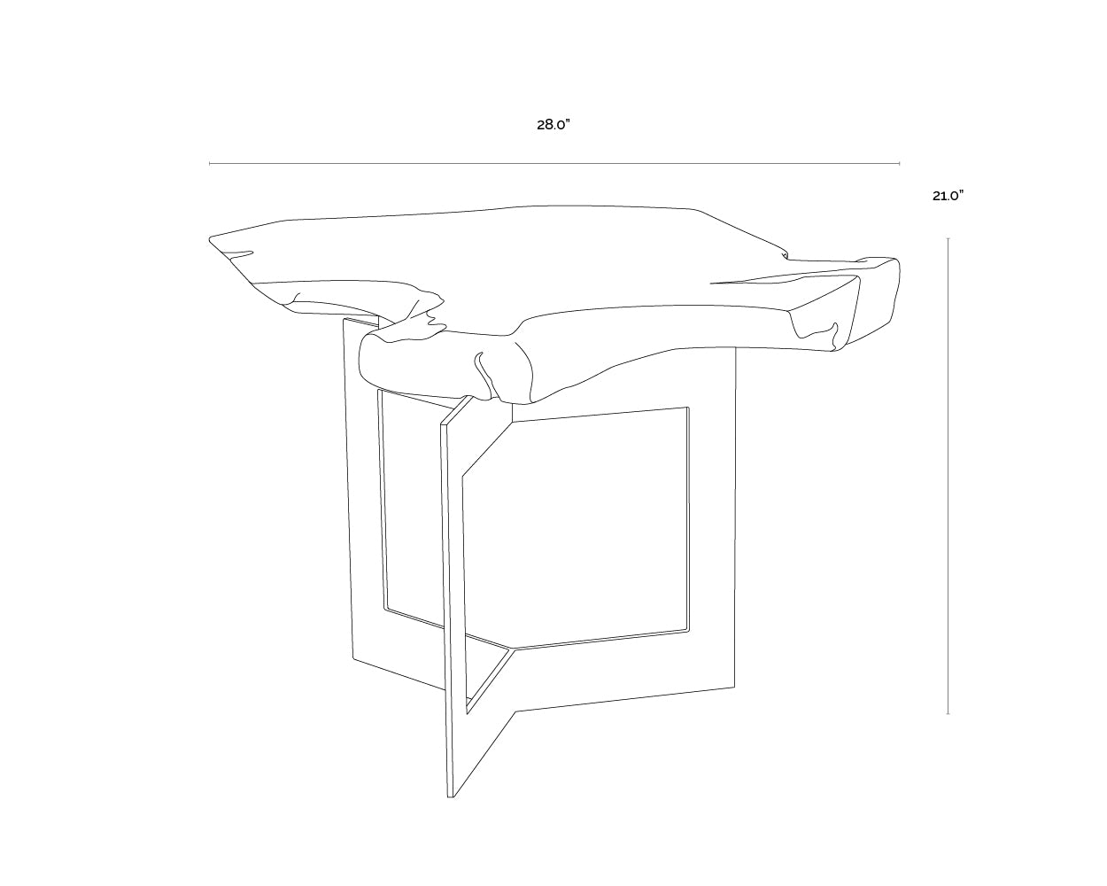 A wireframe image of the product with dimensions shown