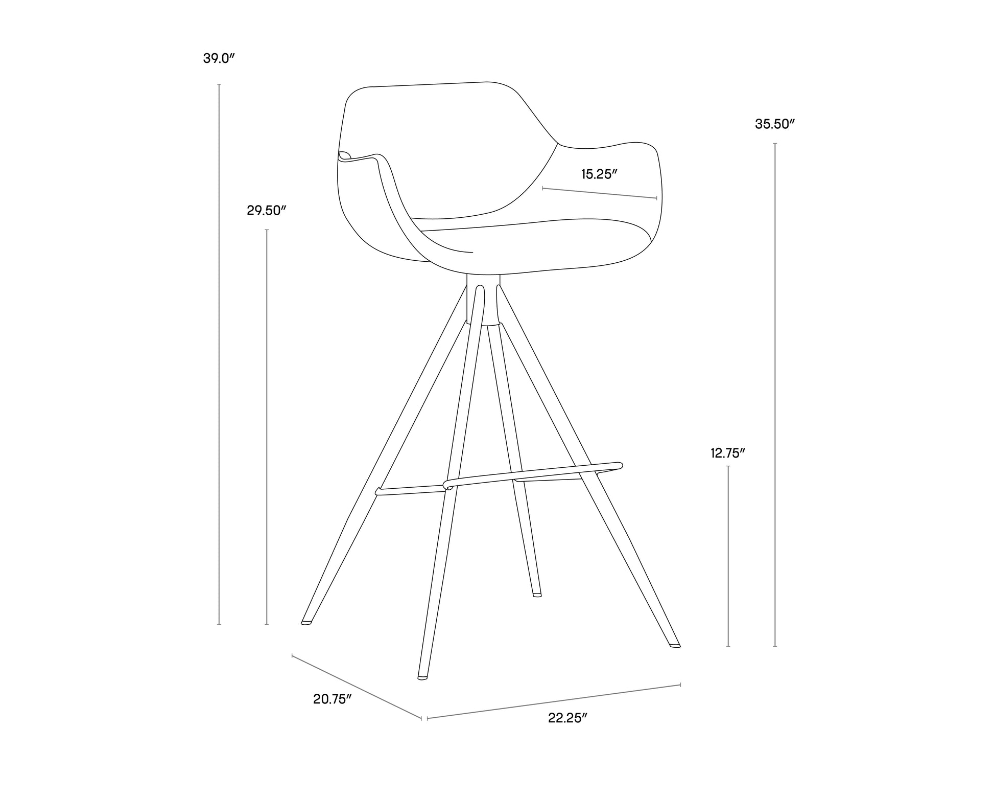 A wireframe image of the product with dimensions shown