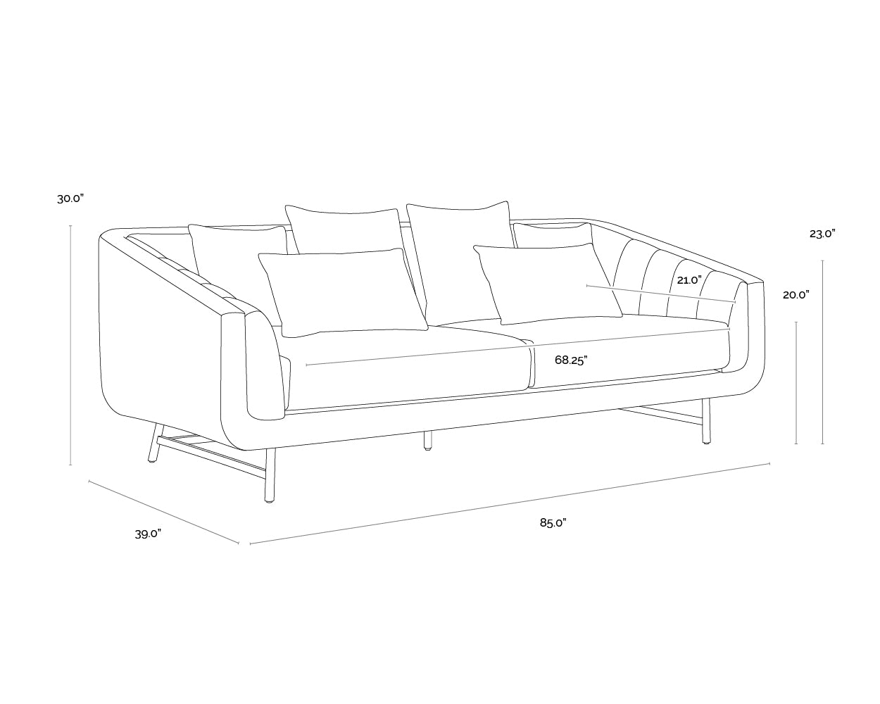 A wireframe image of the product with dimensions shown