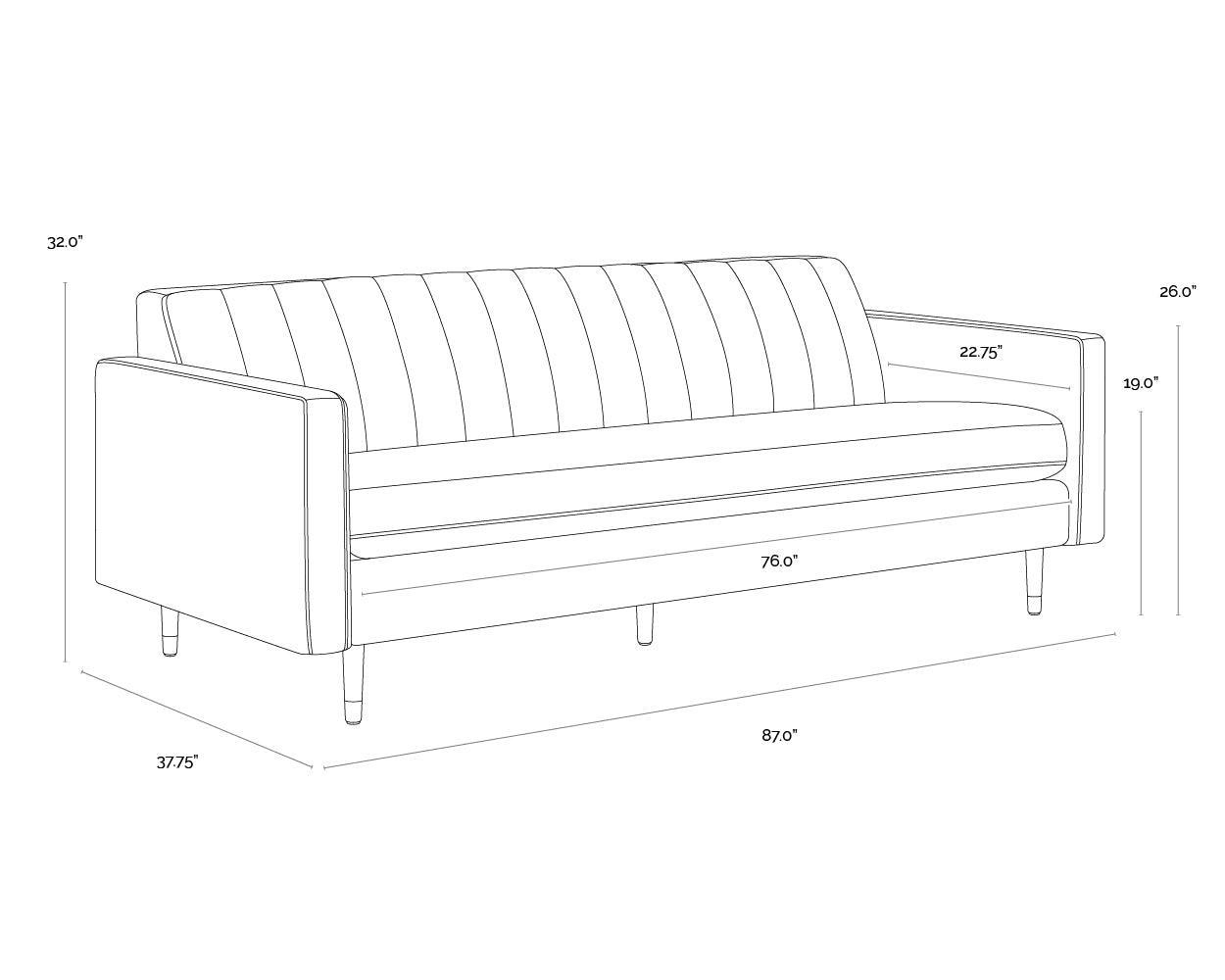 A wireframe image of the product with dimensions shown