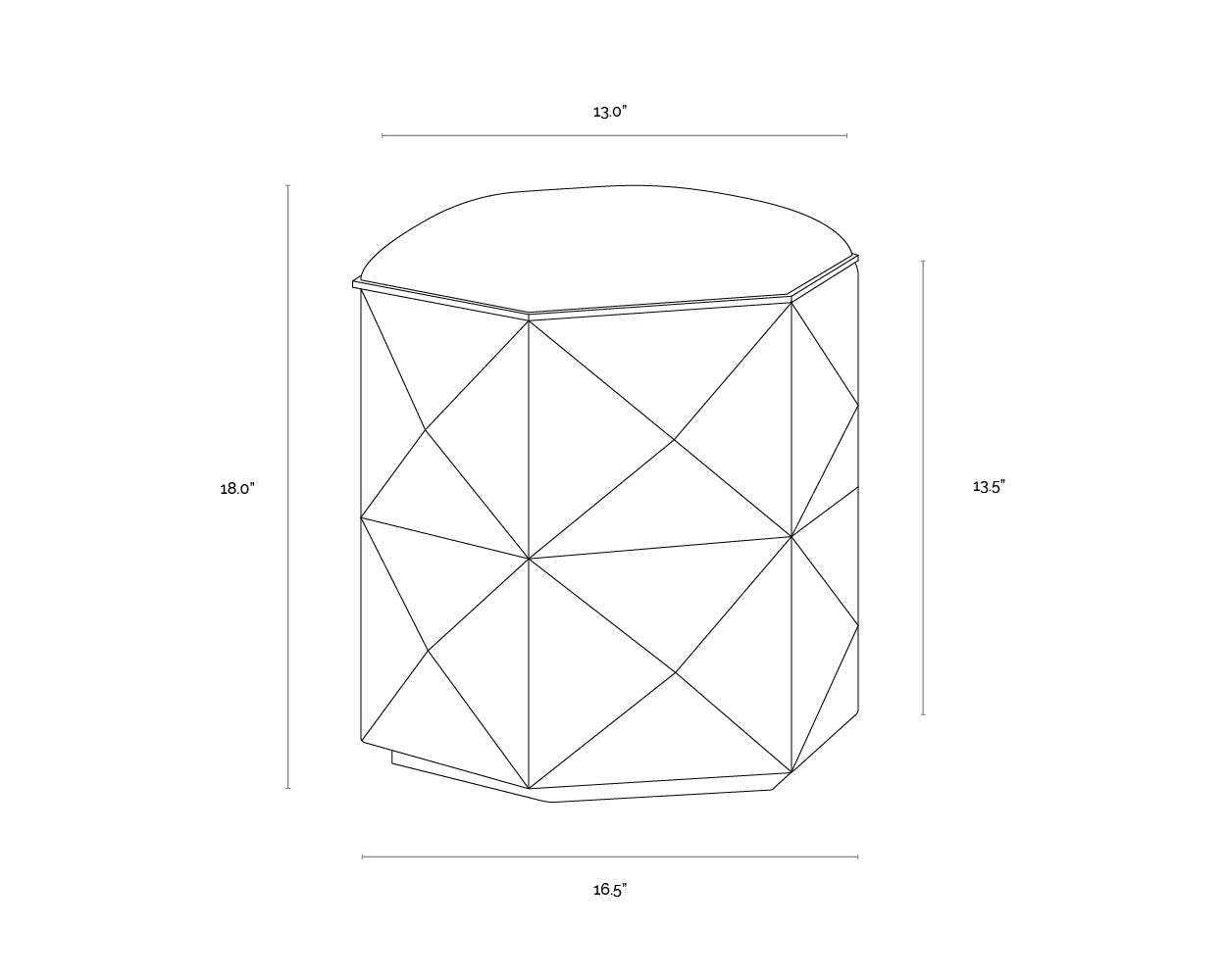 A wireframe image of the product with dimensions shown