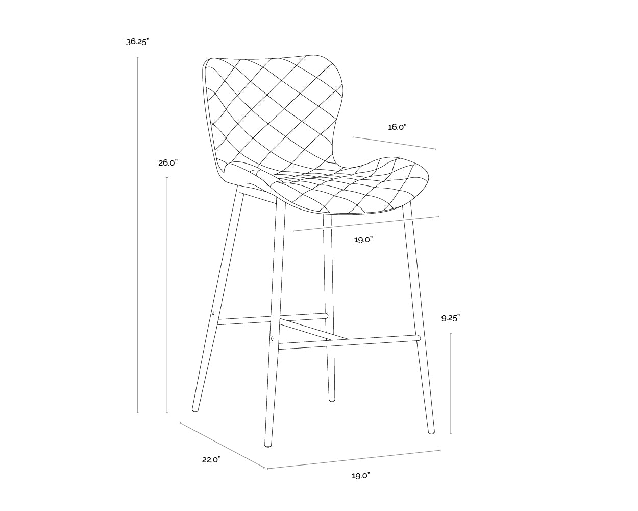 A wireframe image of the product with dimensions shown