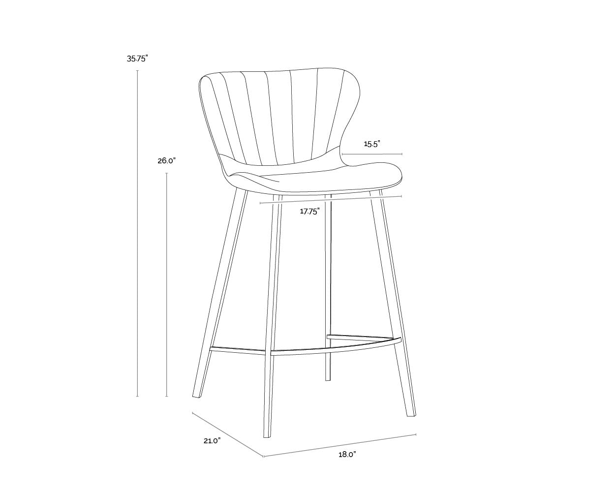 A wireframe image of the product with dimensions shown