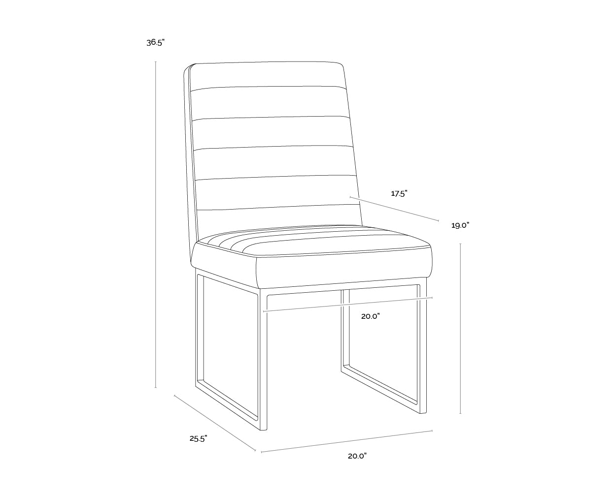 A wireframe image of the product with dimensions shown