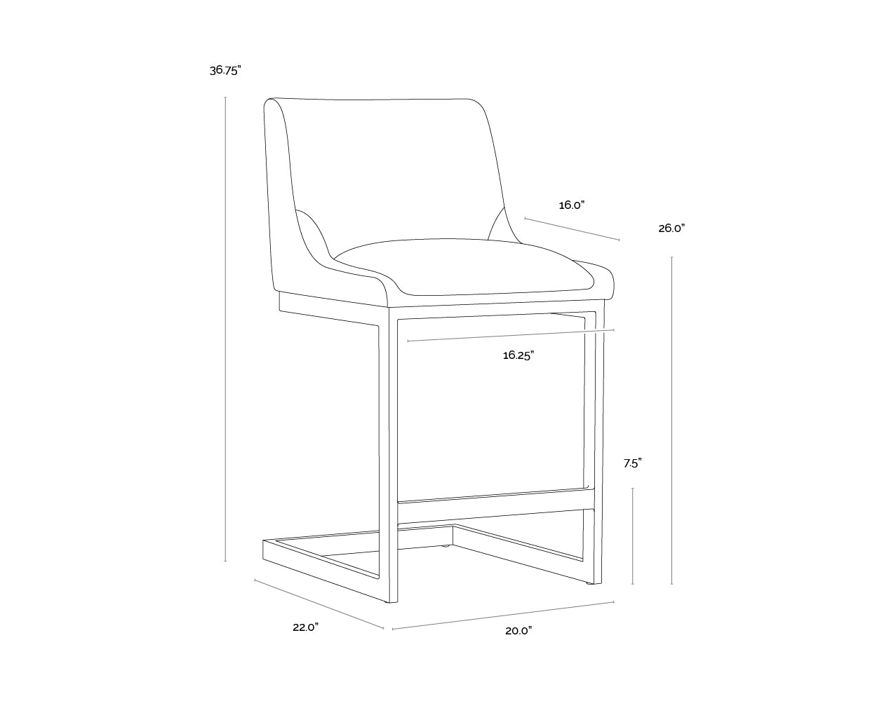 A wireframe image of the product with dimensions shown