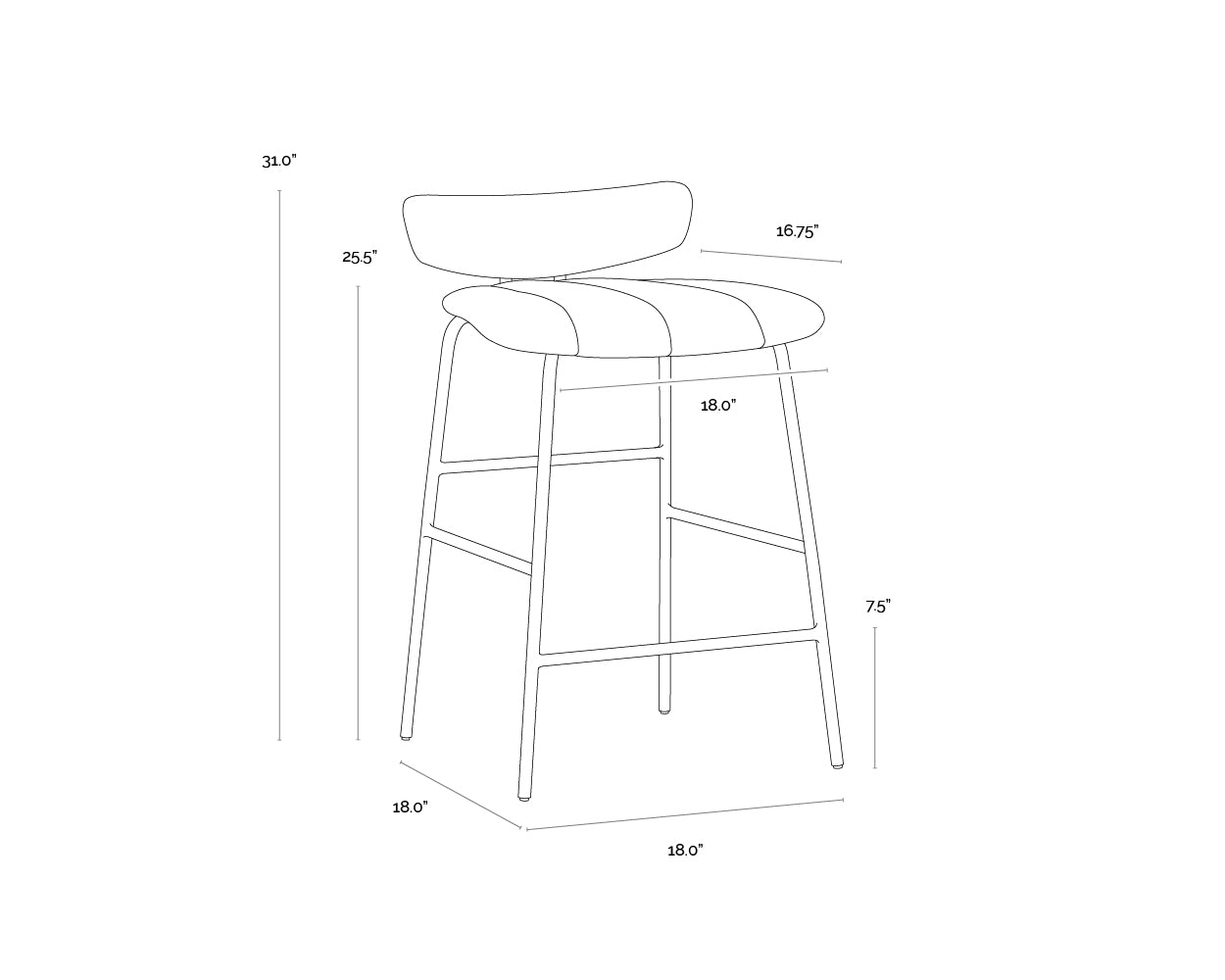 A wireframe image of the product with dimensions shown