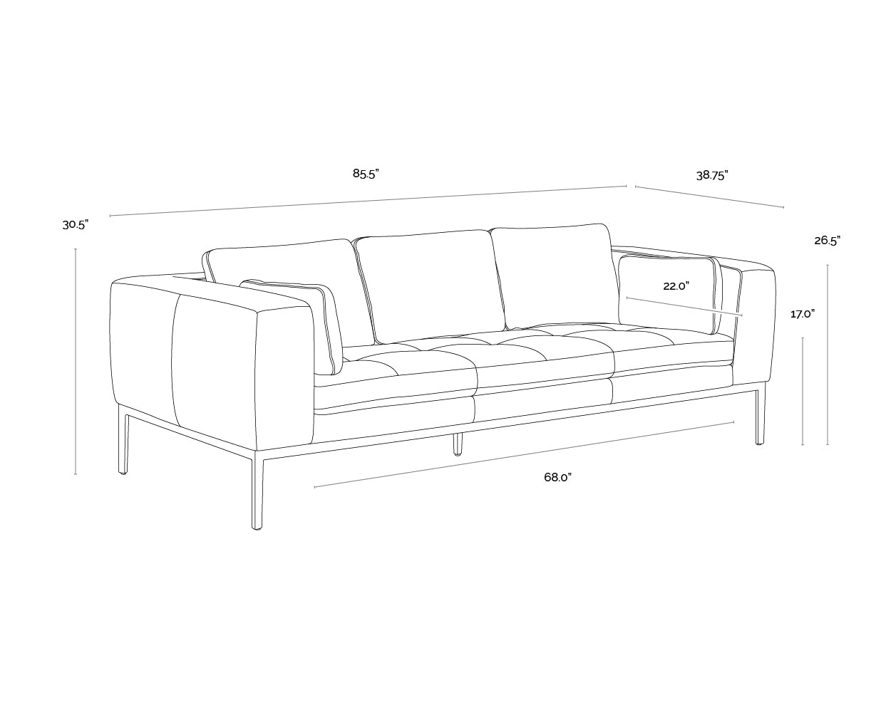 A wireframe image of the product with dimensions shown