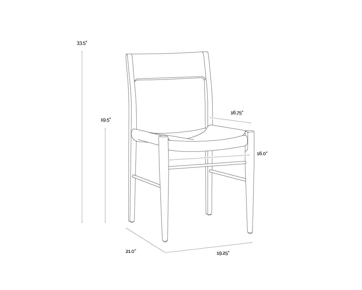 A wireframe image of the product with dimensions shown
