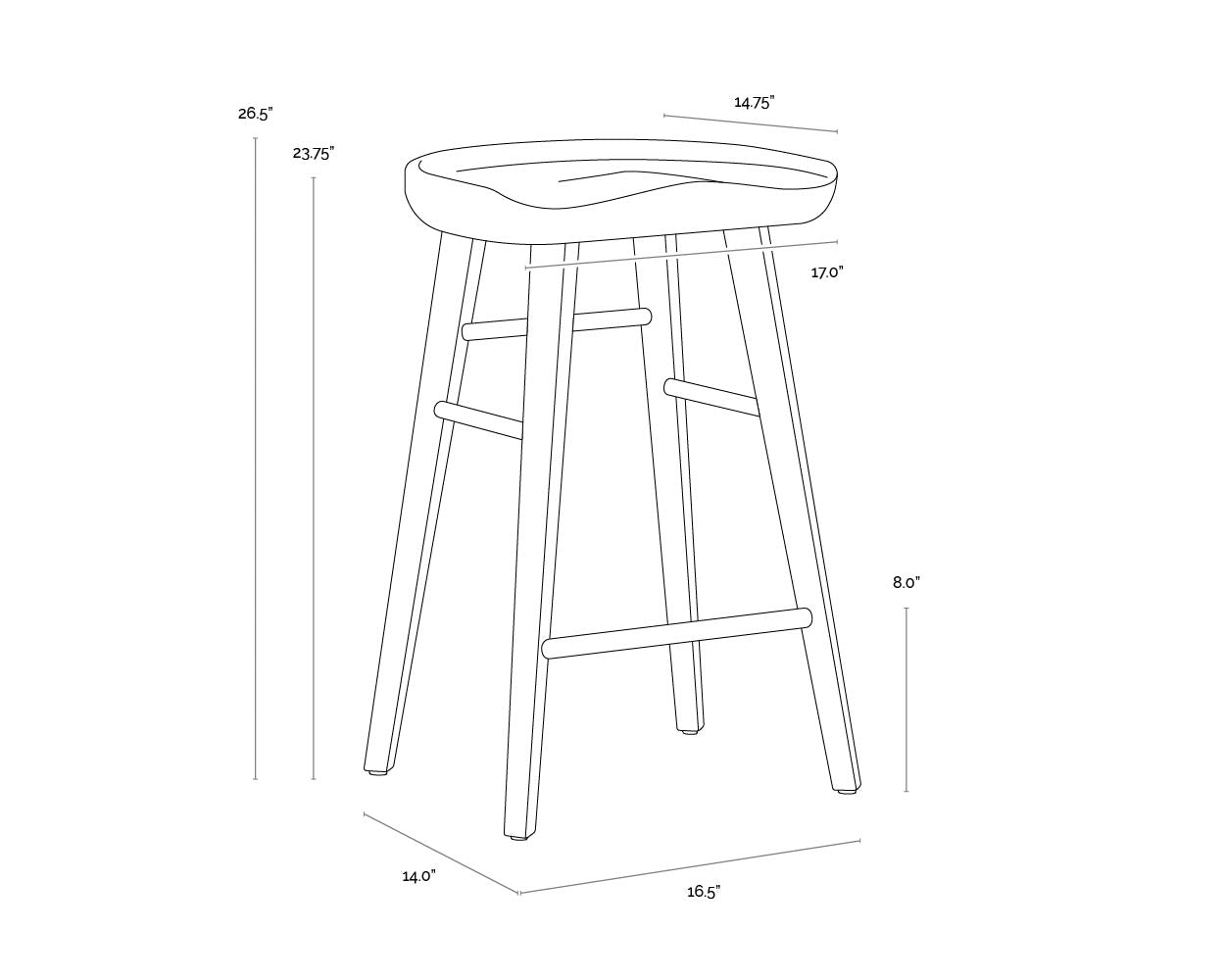 A wireframe image of the product with dimensions shown