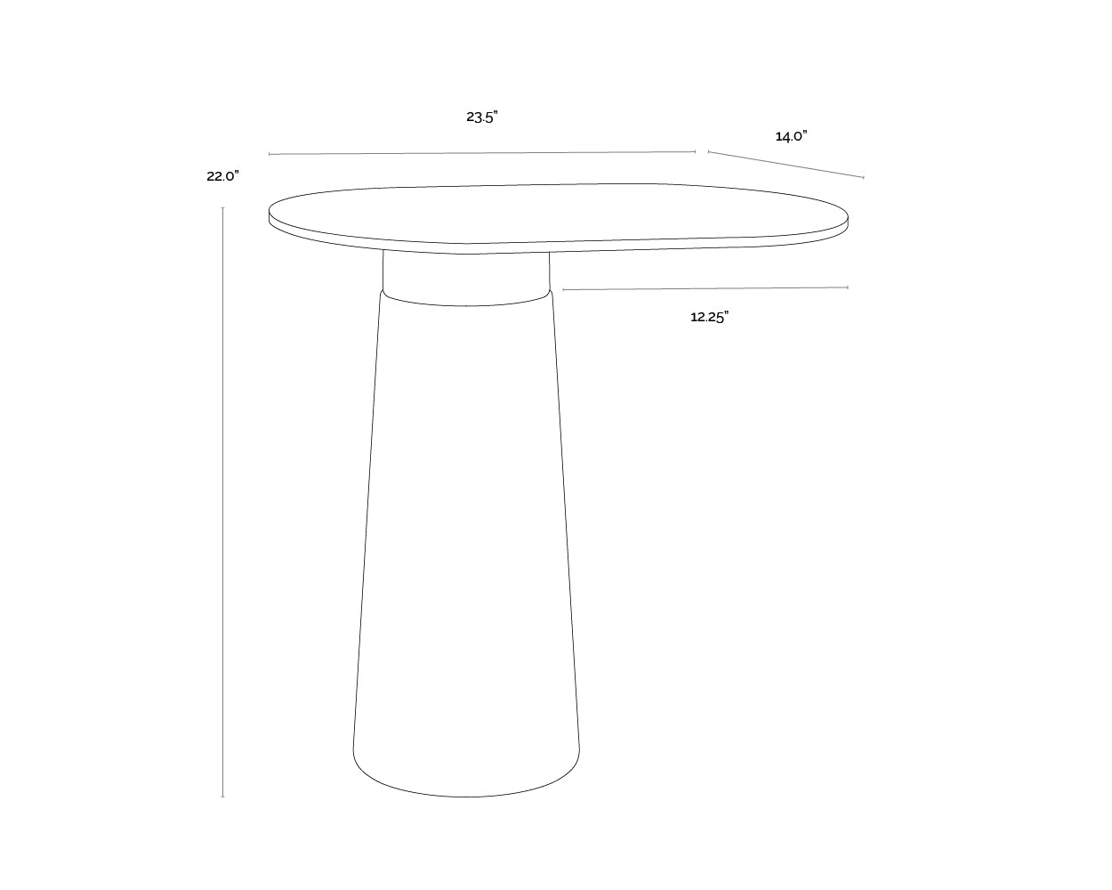 A wireframe image of the product with dimensions shown