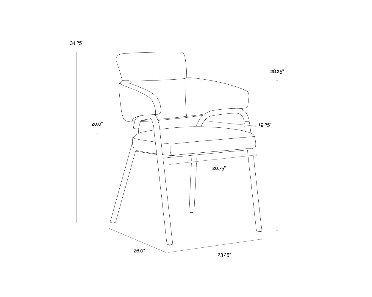A wireframe image of the product with dimensions shown