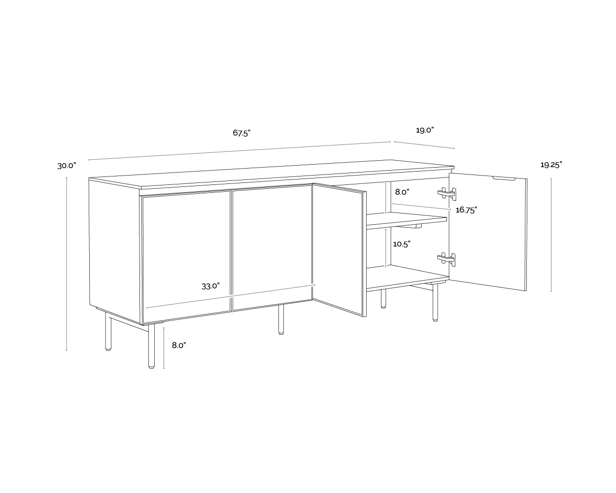 A wireframe image of the product with dimensions shown