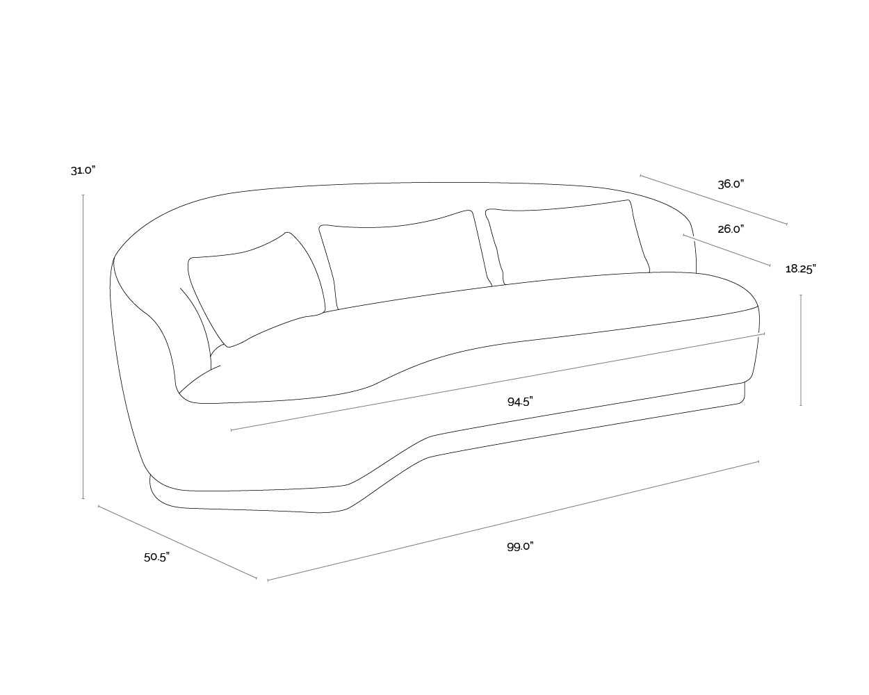 A wireframe image of the product with dimensions shown