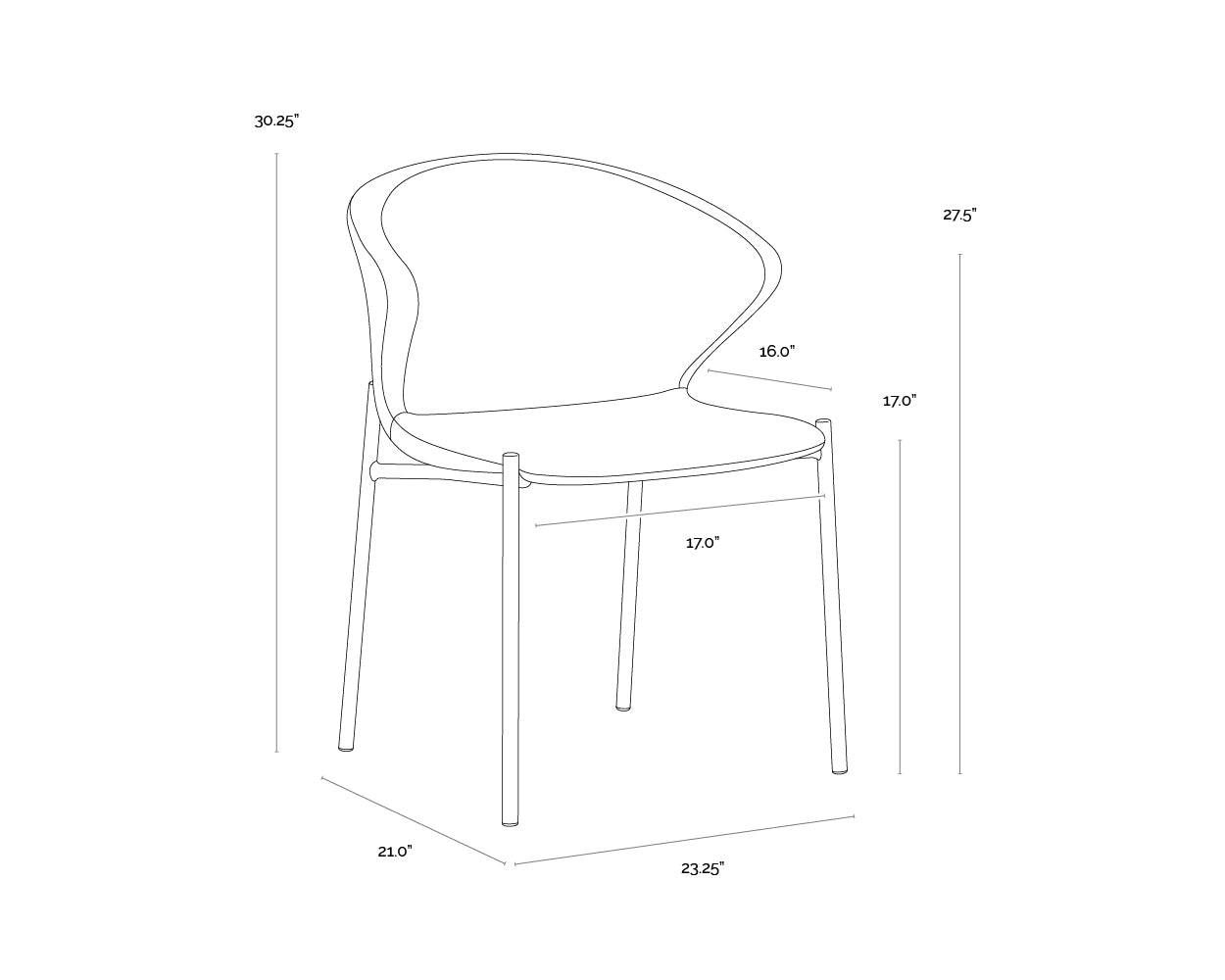 A wireframe image of the product with dimensions shown