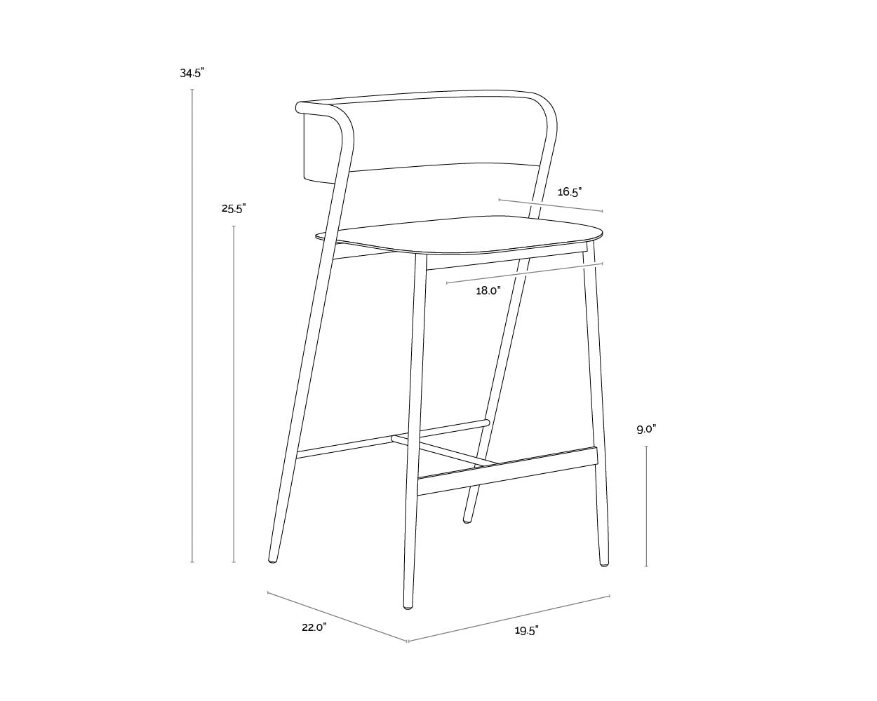 A wireframe image of the product with dimensions shown