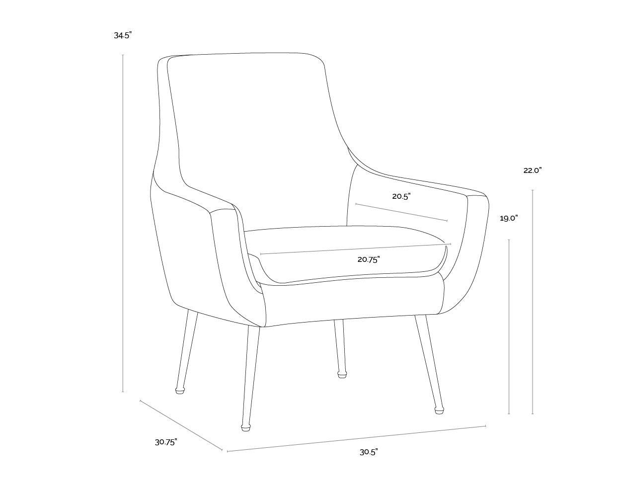 A wireframe image of the product with dimensions shown