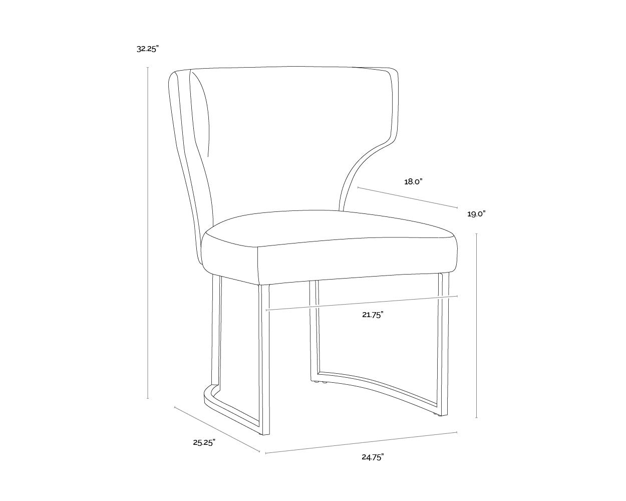 A wireframe image of the product with dimensions shown