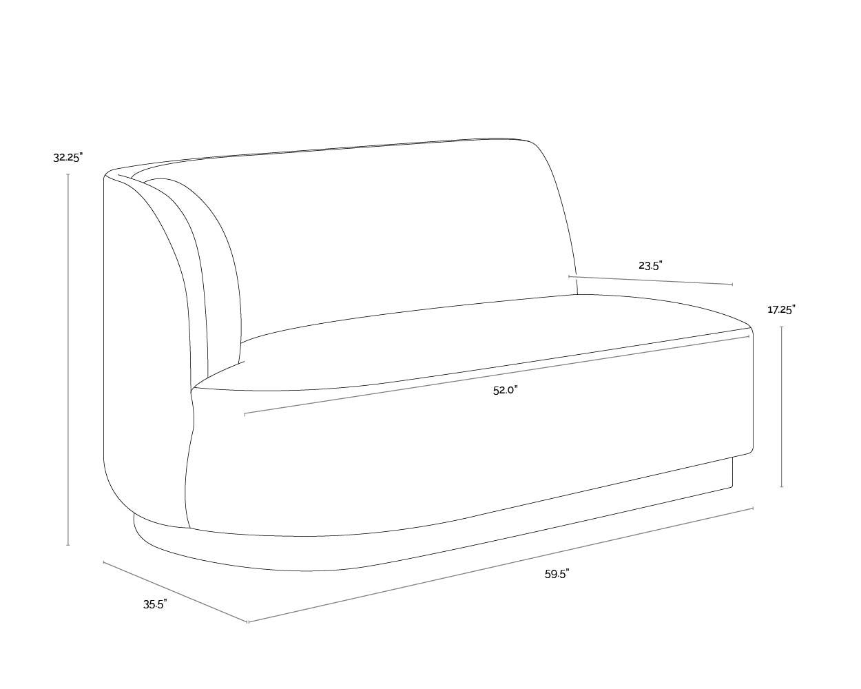 A wireframe image of the product with dimensions shown