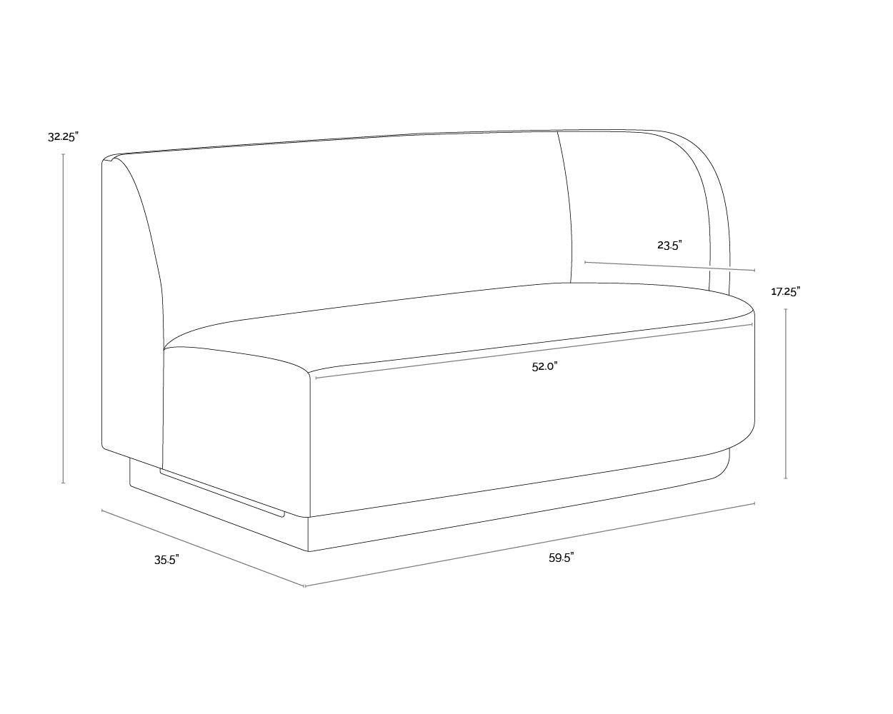 A wireframe image of the product with dimensions shown