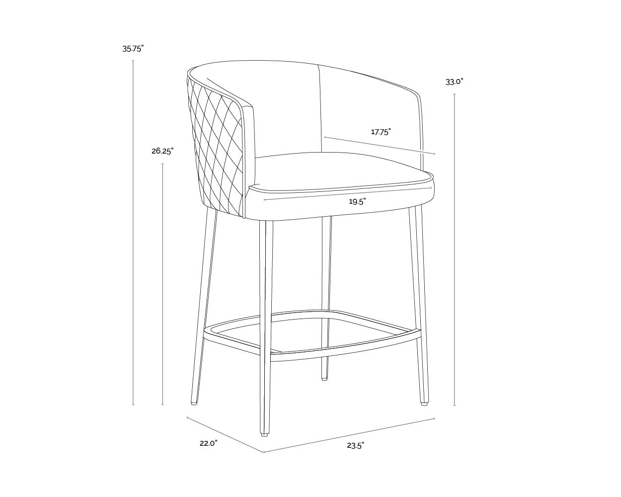 A wireframe image of the product with dimensions shown