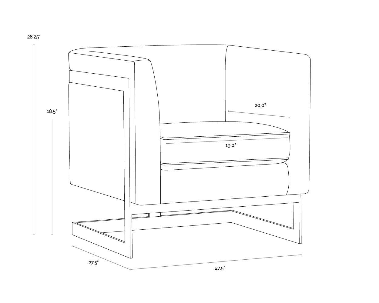 A wireframe image of the product with dimensions shown