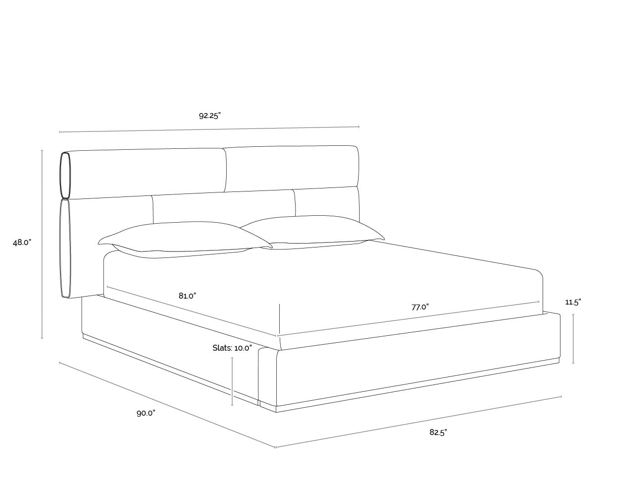 A wireframe image of the product with dimensions shown