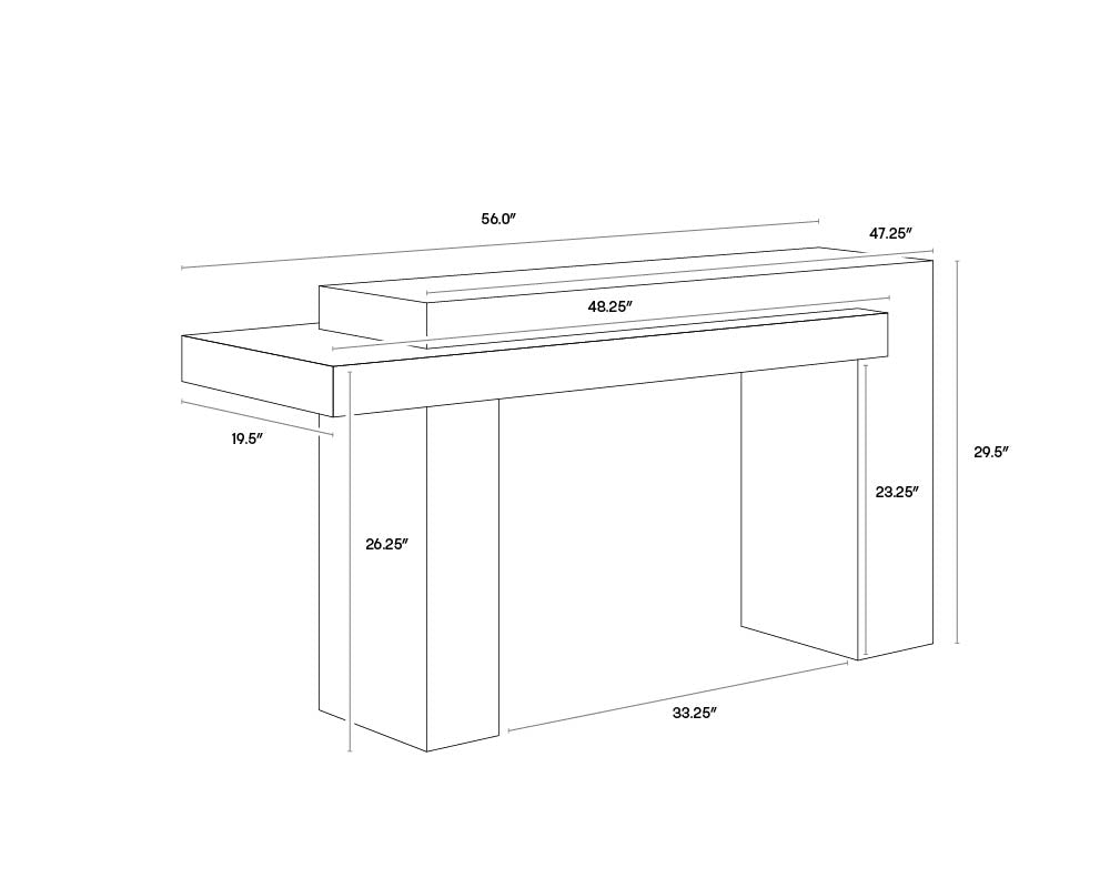 A wireframe image of the product with dimensions shown