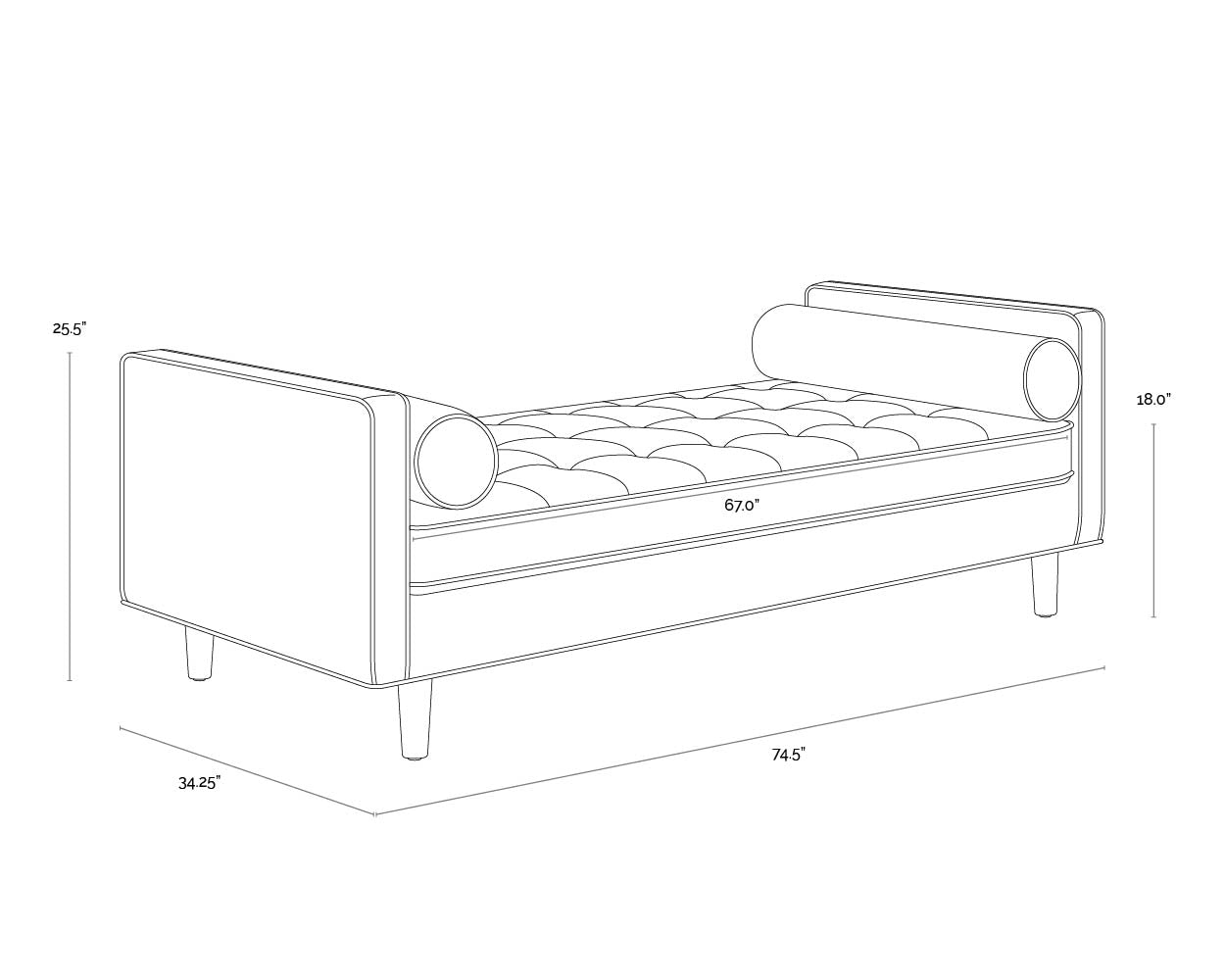 A wireframe image of the product with dimensions shown