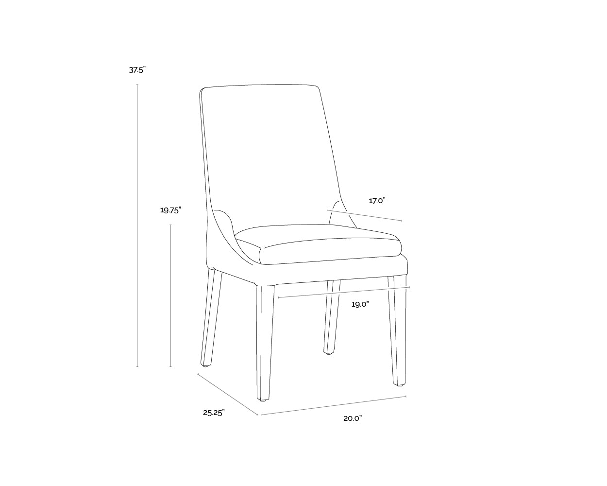 A wireframe image of the product with dimensions shown