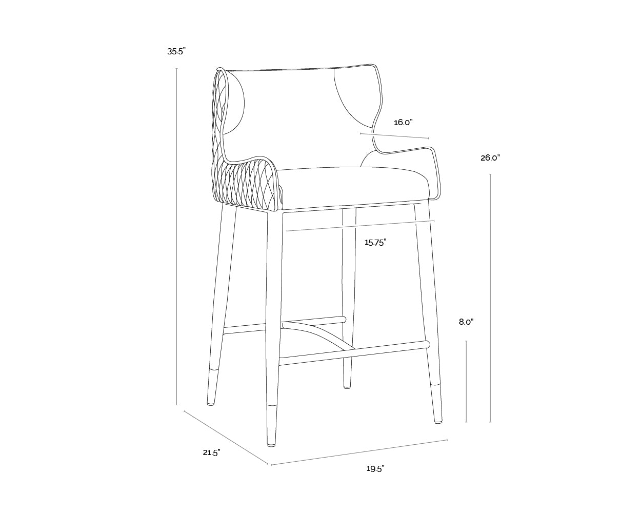A wireframe image of the product with dimensions shown
