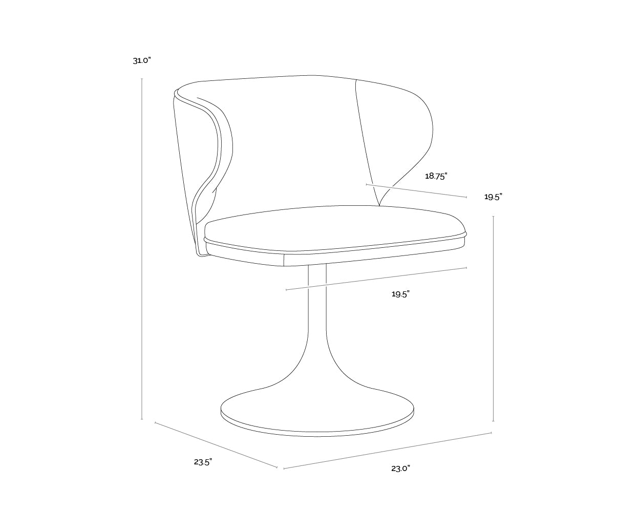 A wireframe image of the product with dimensions shown