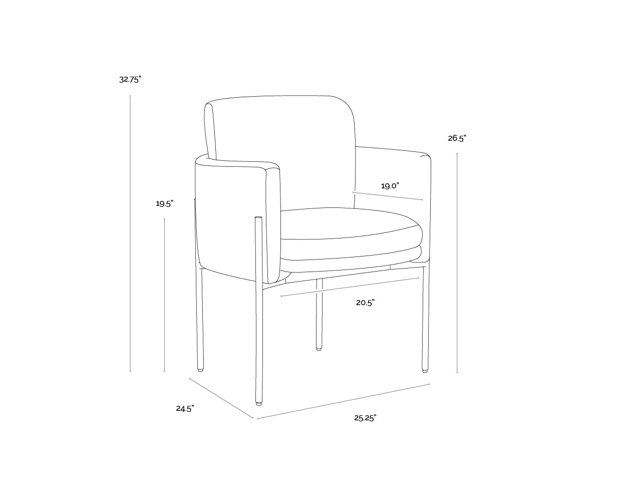 A wireframe image of the product with dimensions shown