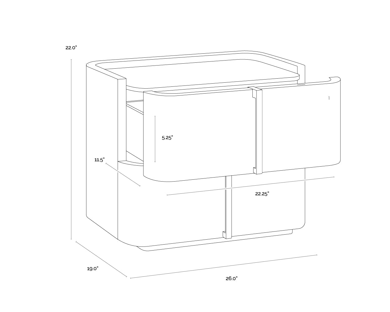 A wireframe image of the product with dimensions shown