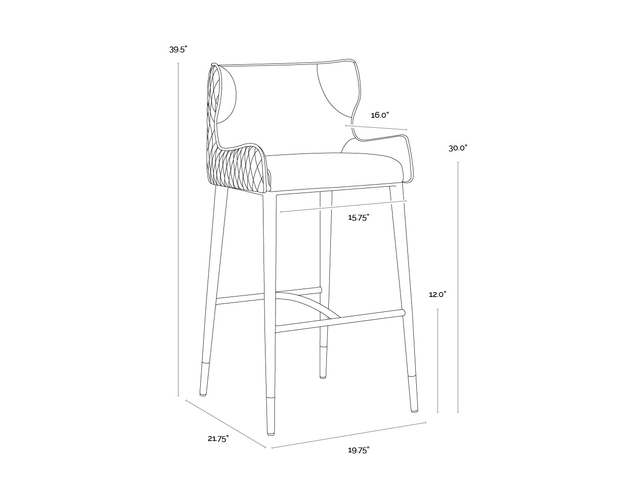 A wireframe image of the product with dimensions shown