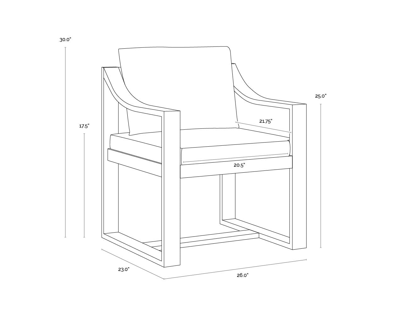 A wireframe image of the product with dimensions shown