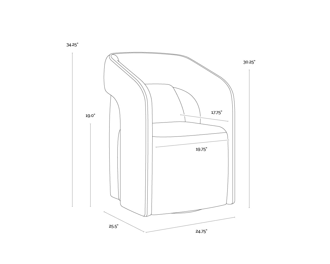A wireframe image of the product with dimensions shown