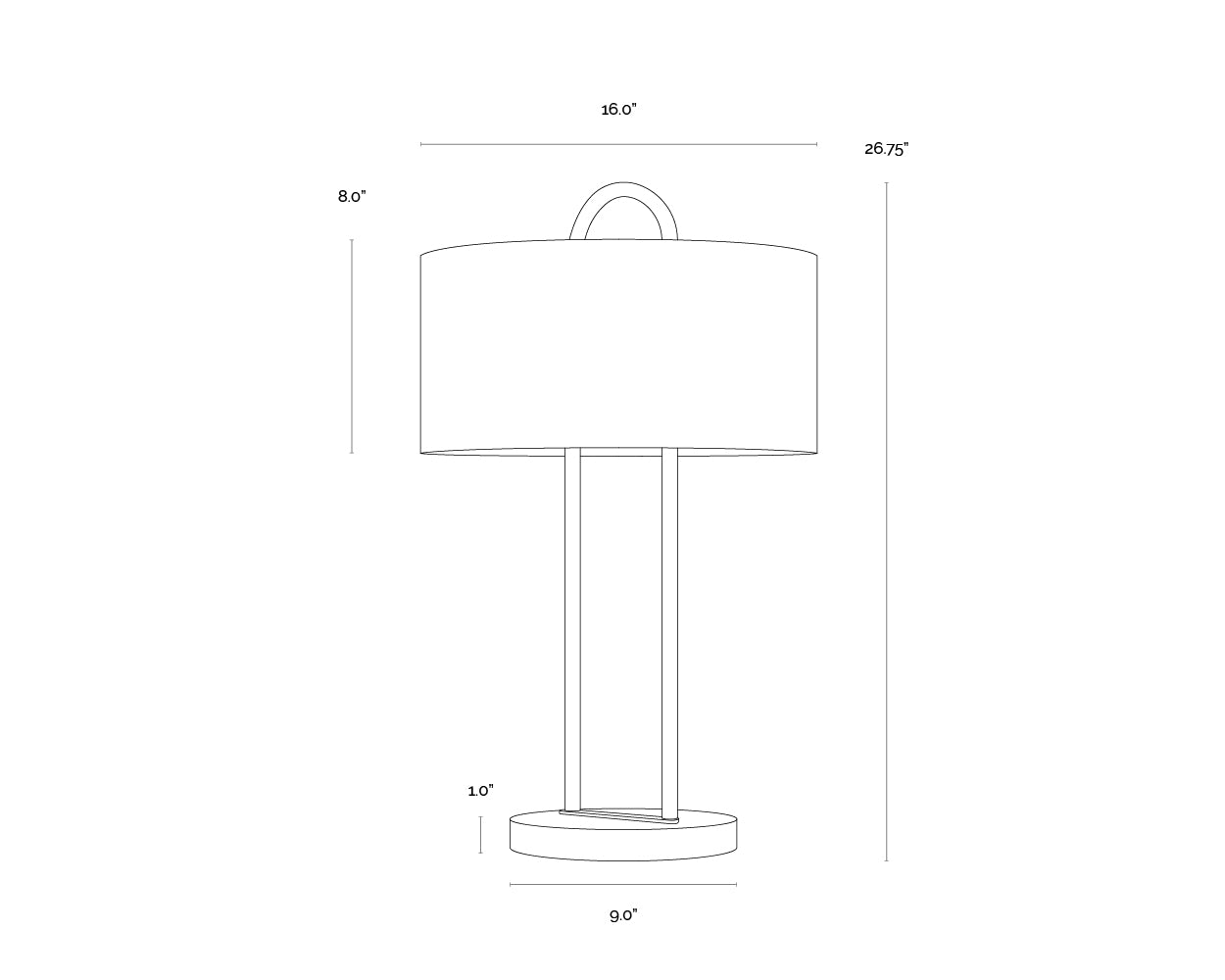 A wireframe image of the product with dimensions shown
