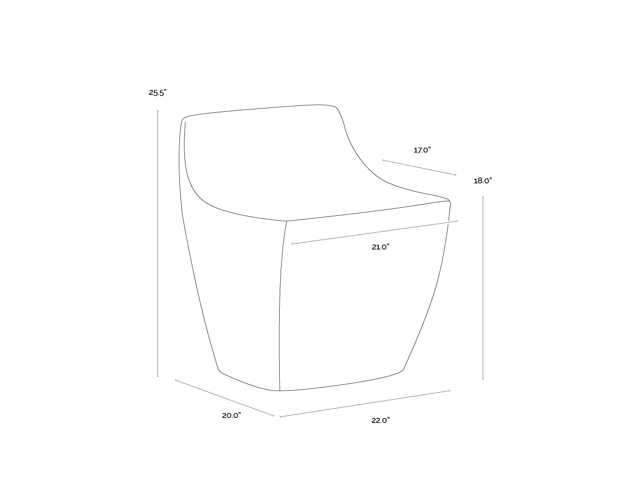 A wireframe image of the product with dimensions shown