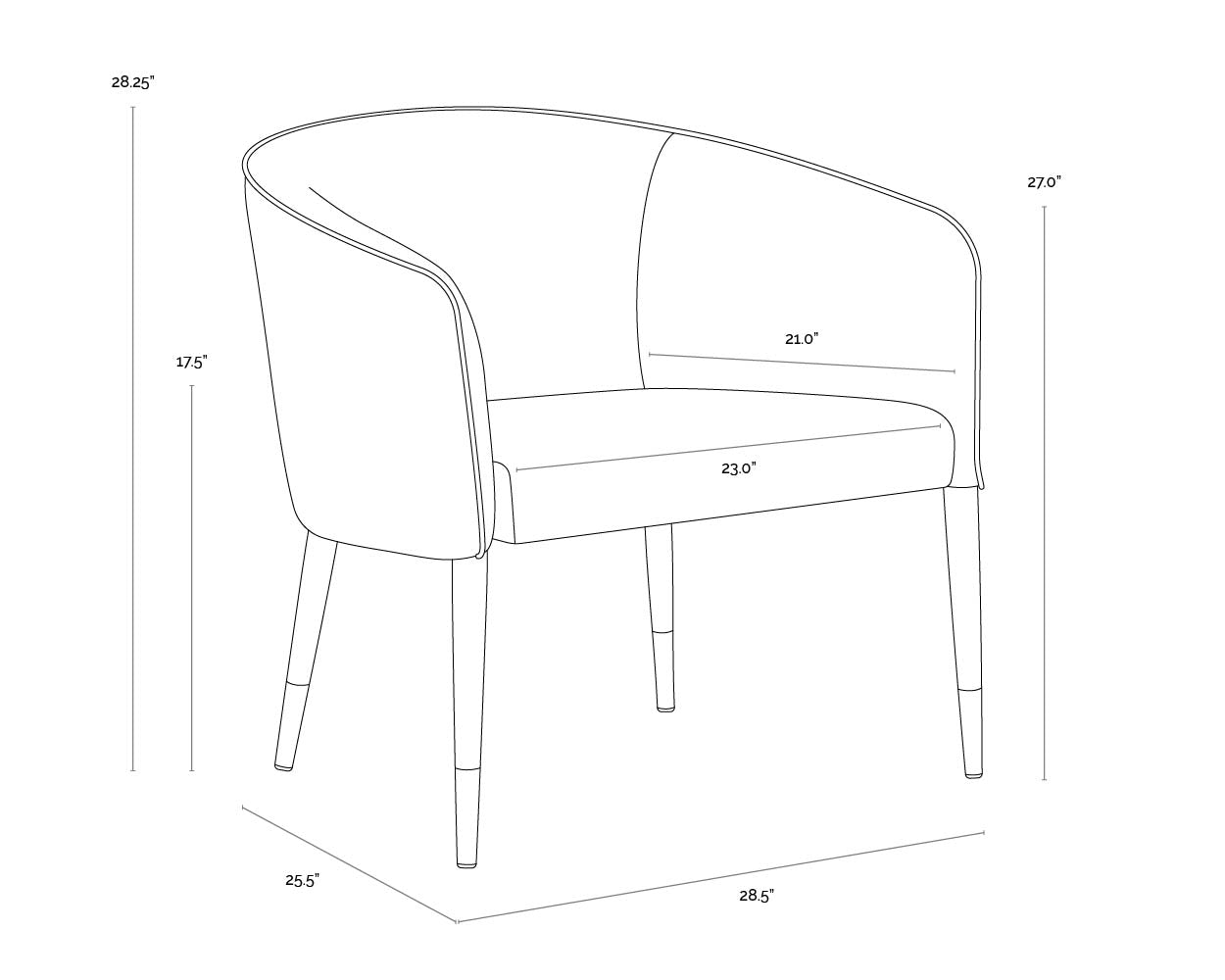 A wireframe image of the product with dimensions shown