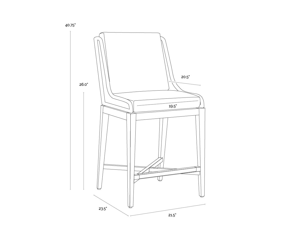 A wireframe image of the product with dimensions shown