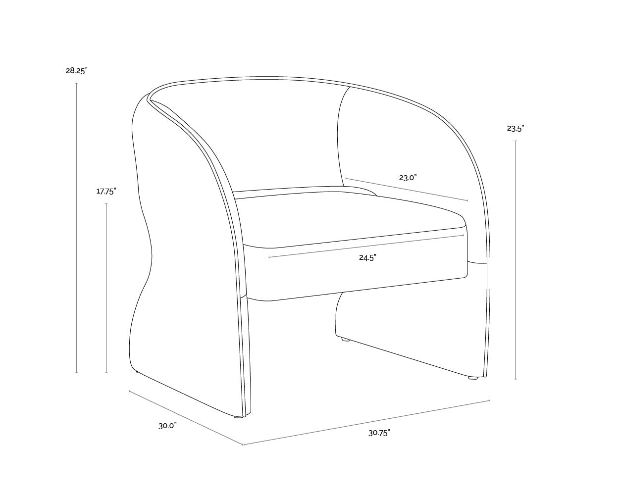 A wireframe image of the product with dimensions shown