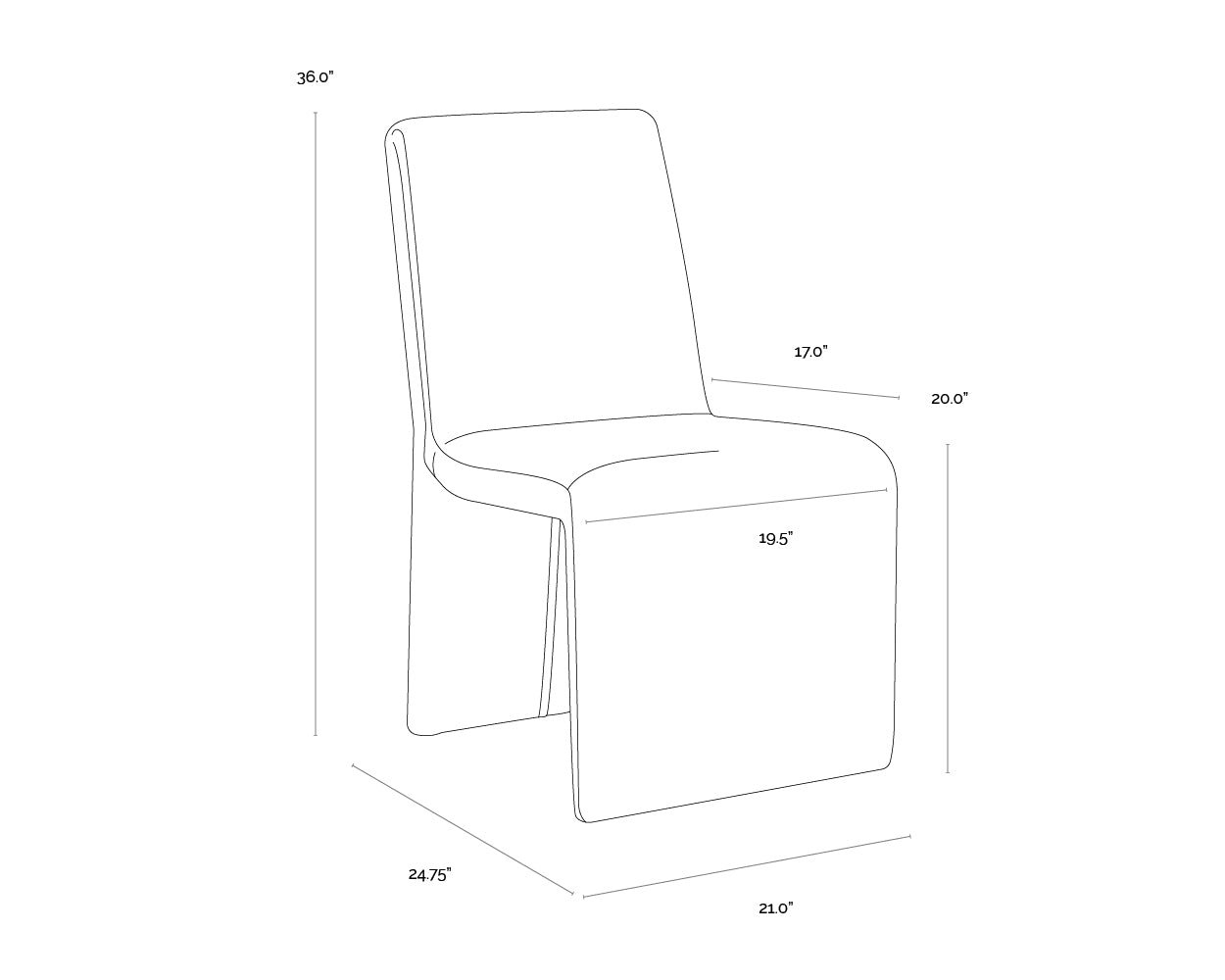 A wireframe image of the product with dimensions shown