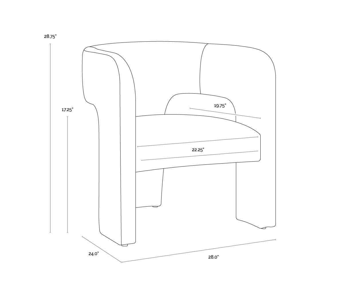 A wireframe image of the product with dimensions shown