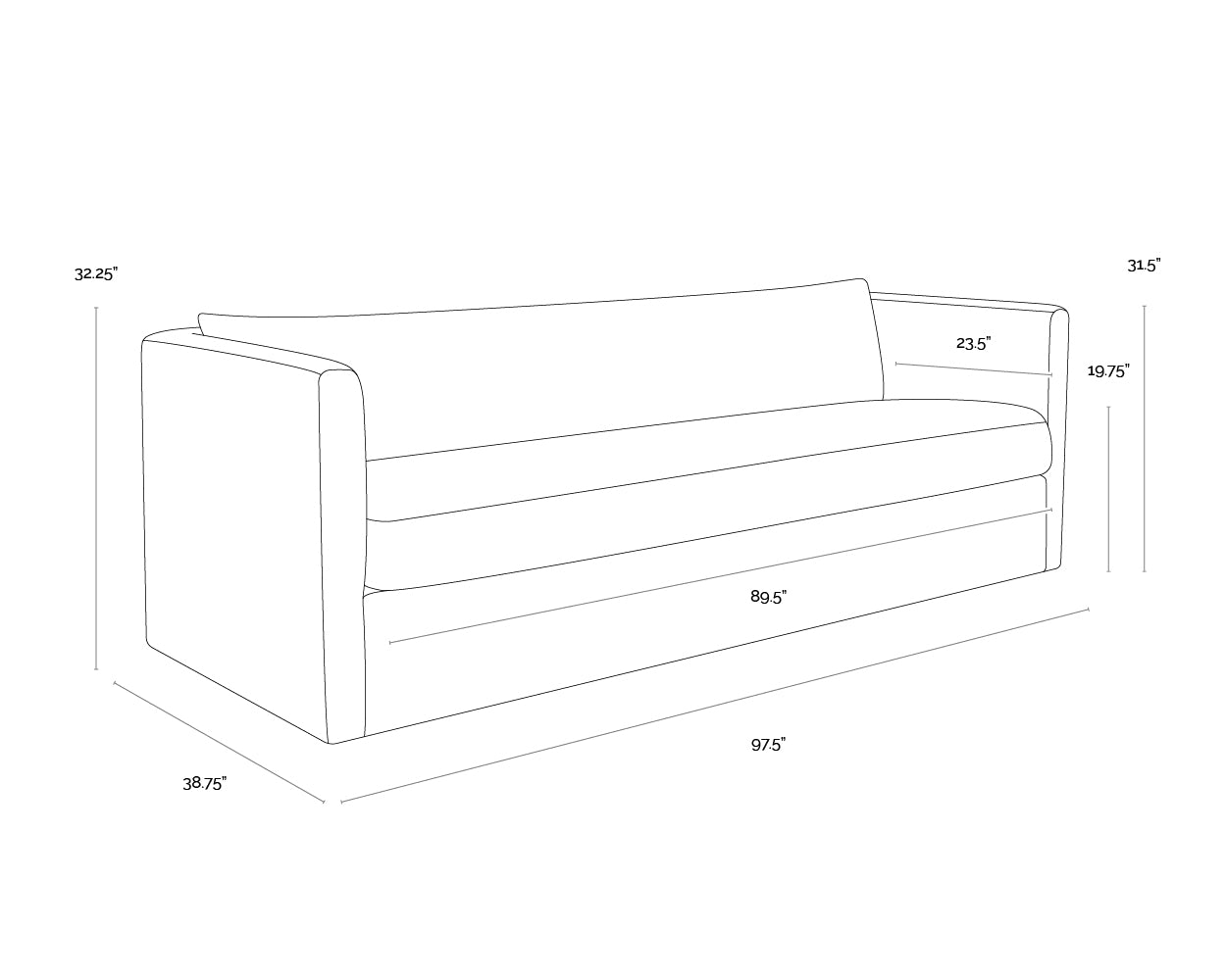 A wireframe image of the product with dimensions shown