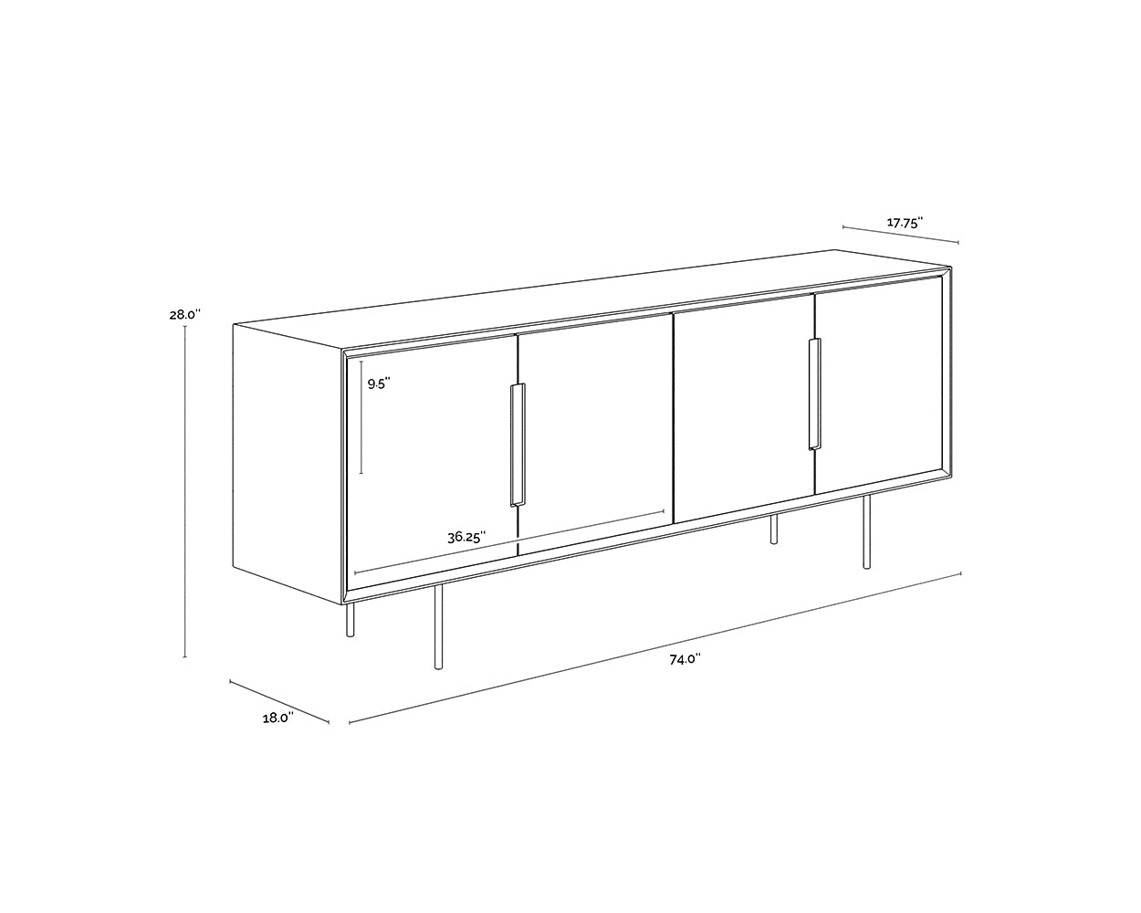 A wireframe image of the product with dimensions shown