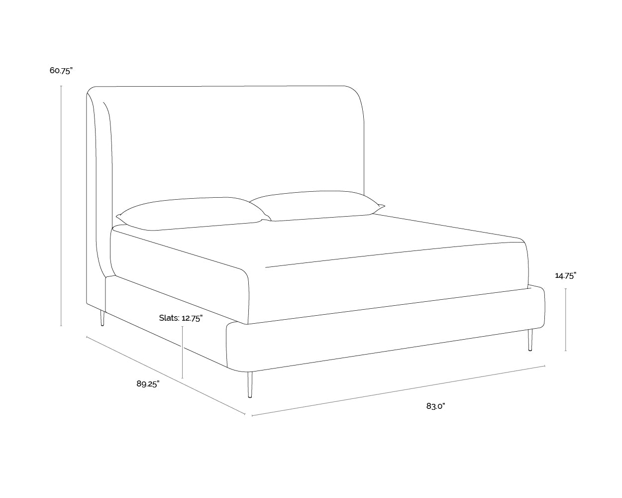 A wireframe image of the product with dimensions shown