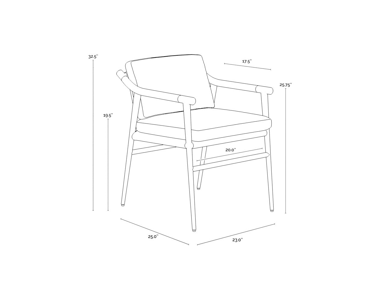 A wireframe image of the product with dimensions shown