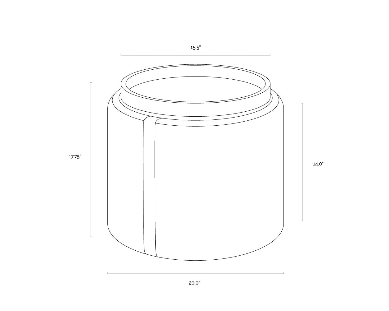 A wireframe image of the product with dimensions shown