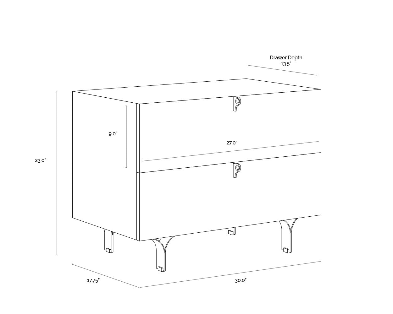 A wireframe image of the product with dimensions shown